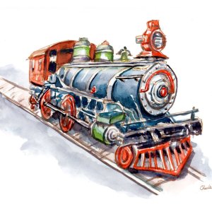 Riding-On-Toy-Trains-Signed_Watercolor Print Detail