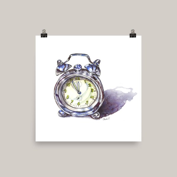 Silver Alarm Clock Watercolor Print Doodlewash