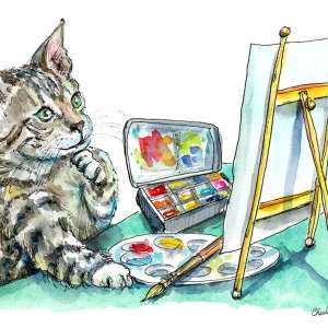 Cat Thinking Artist Easel Paint Watercolor Painting Illustration Watercolor Print Detail