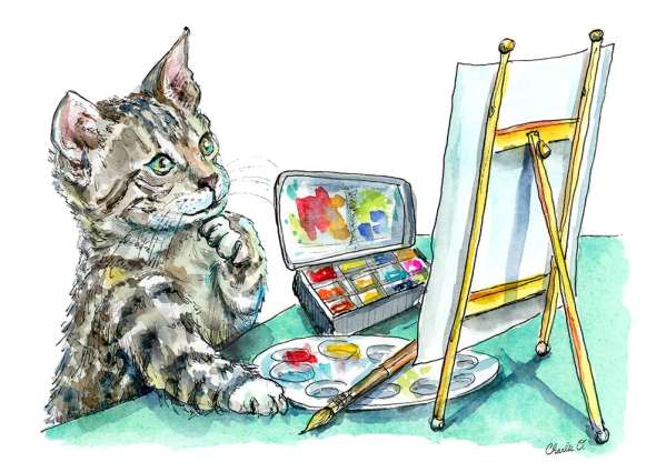 Cat Thinking Artist Easel Paint Watercolor Painting Illustration Watercolor Print Detail