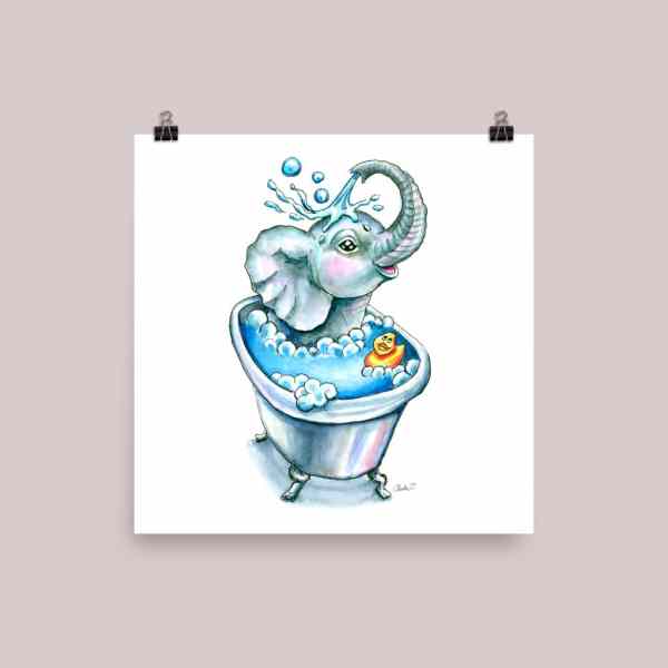Baby-Elephant-Bath-In-Bathtub-Bathtime-Watercolor-Print-Signed_mockup_Transparent_Transparent_10x10 Watercolor Print