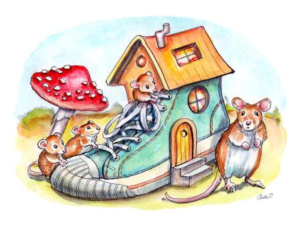 Mice-Mouse-Who-Lived-In-A-Shoe-House-Watercolor-Illustration-Painting-Print Detail