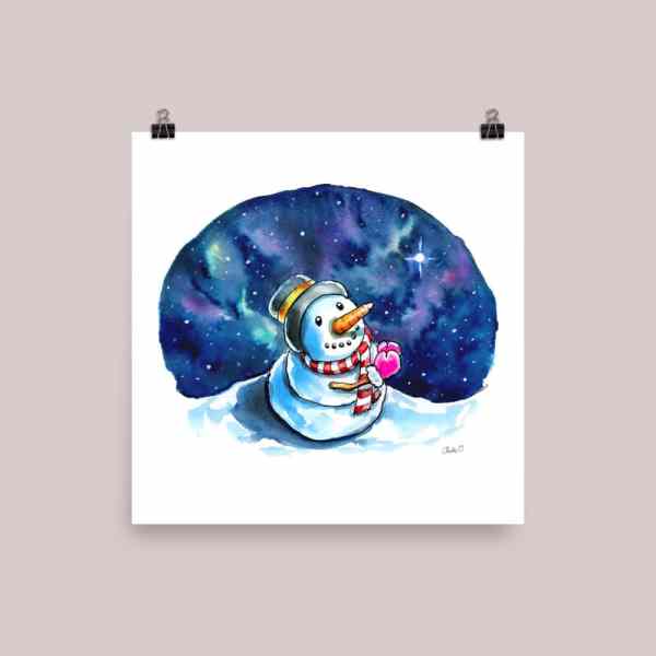 Snowman Night Sky Wishing Praying Watercolor Print