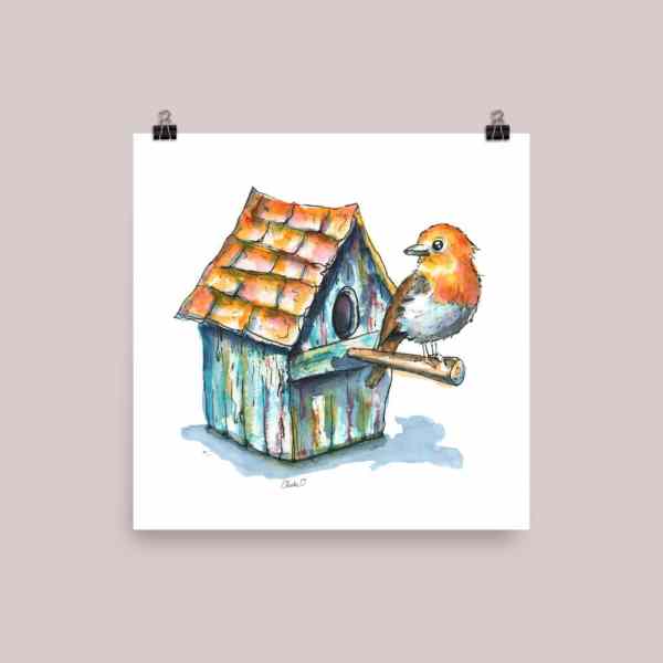 English Robin And Birdhouse Watercolor Illustration