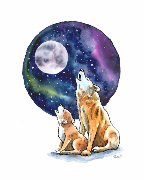 Wolves Howling At Moon Adult and Baby Pup Watercolor Print Detail Unframed